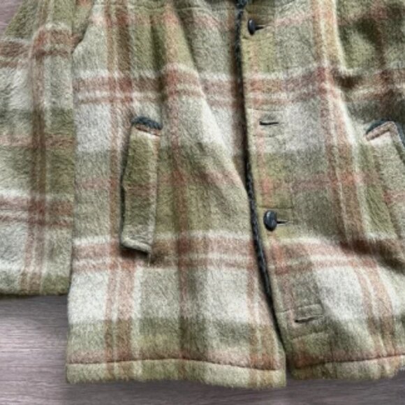 Vintage 60s 70s Wool Lumberjack Coat Jacket Sherpa Lined Men's Sz L Green Plaid - Picture 3 of 5